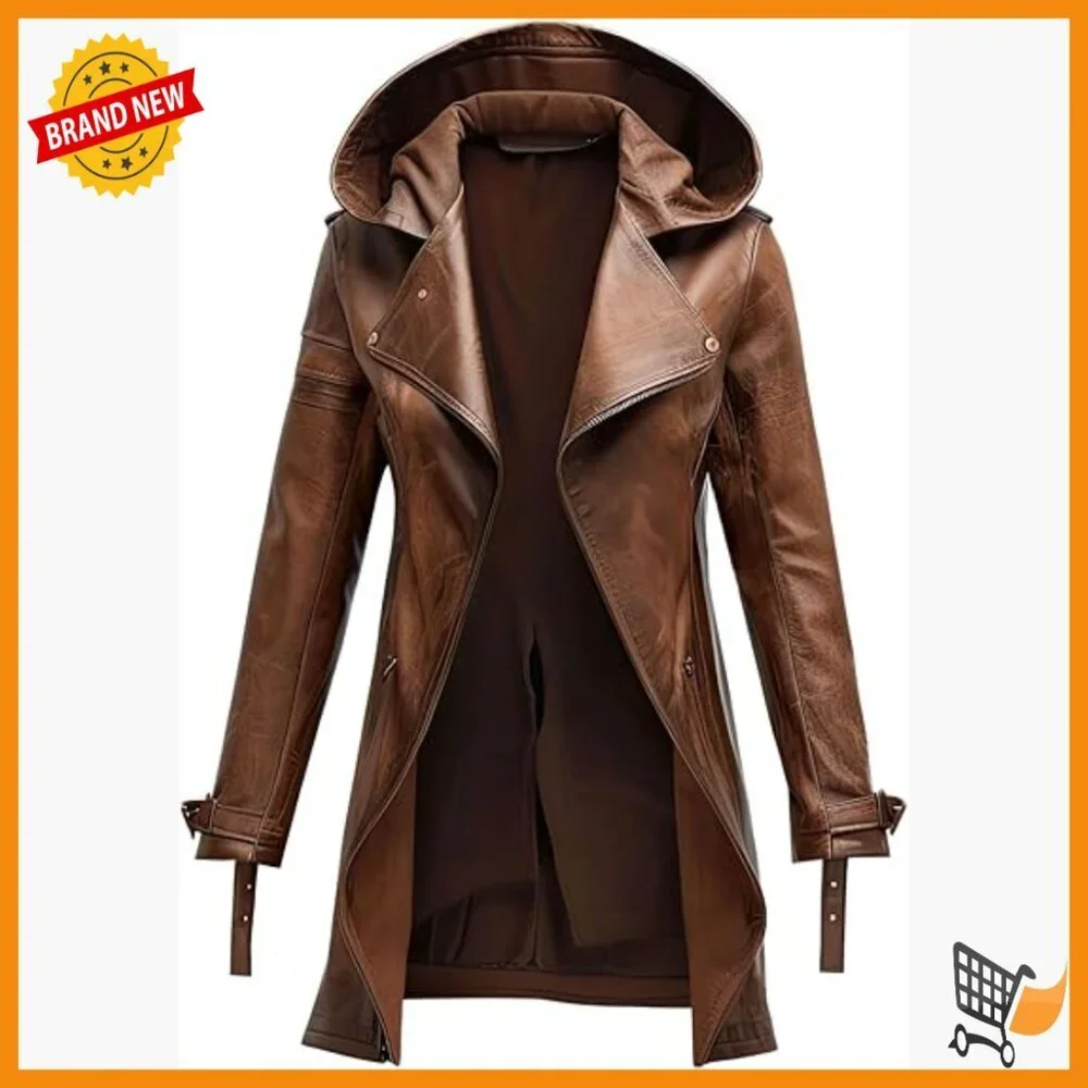 Men's Distressed Sheepskin Leather Trench Coat with Hood, Mid-Length Winter